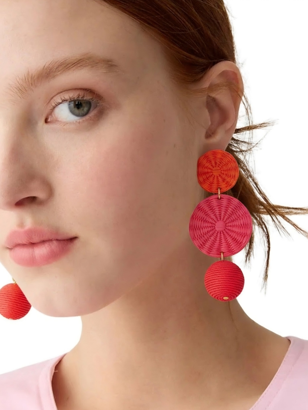 New! J. Crew Raffia Straw Bohemian Tripe Drop Orange Pink Red Earrings